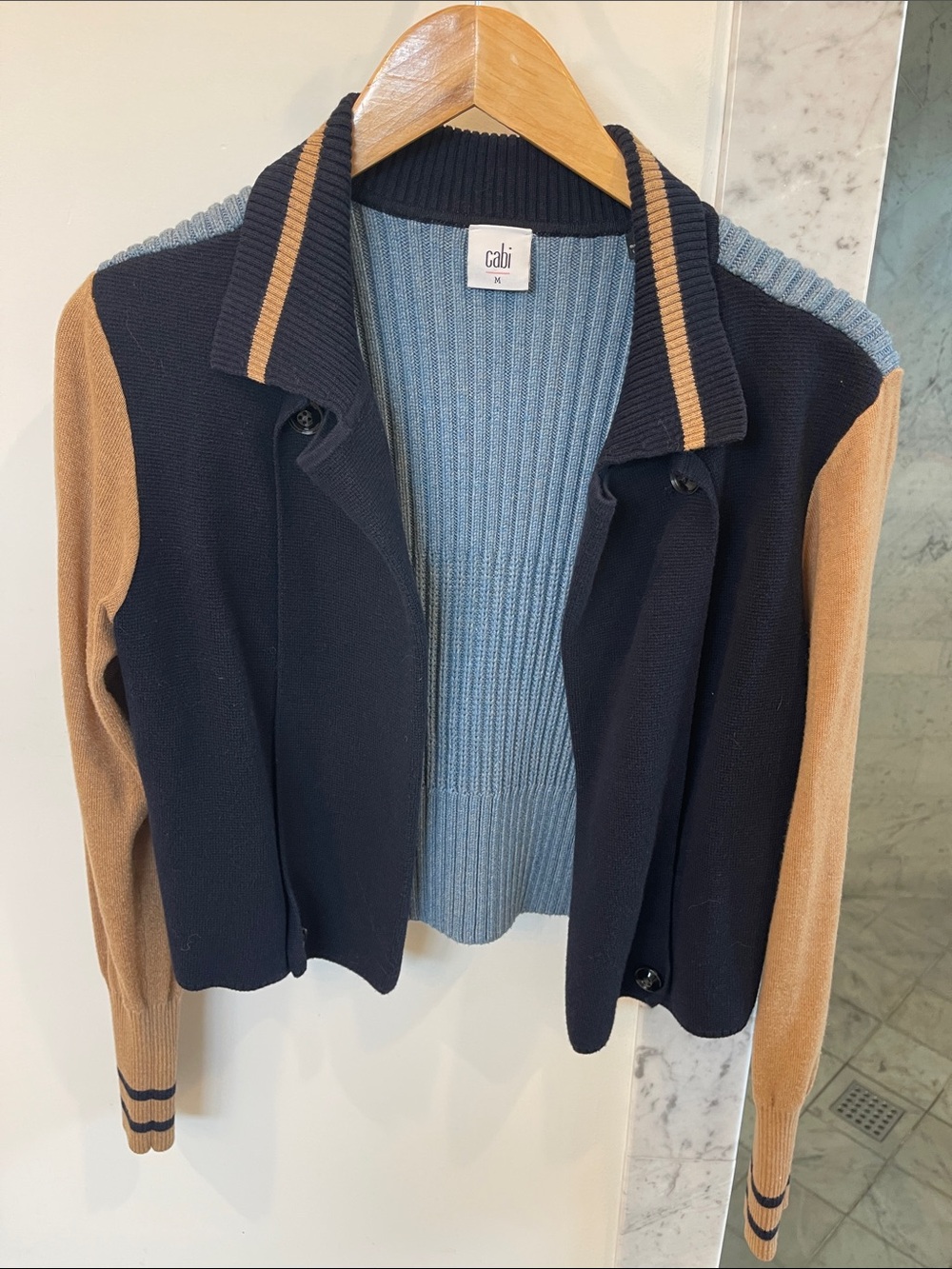 CAbi Size M Turnabout Cardigan Jacket Navy, Camel & Light Blue Knit